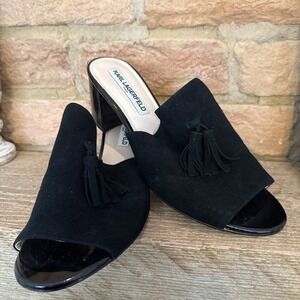Karl Lagerfeld Black Suede Holly Shoes Block Heel Slip On Sandals Size 8.5
